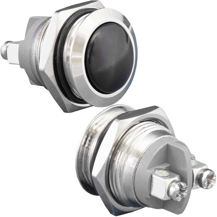 Кнопка антивандальная без подсветки RUICHI GQ16B-10/B/N, 1NO, ОFF-(ON) без фиксации, пос. диаметр 16 мм, контакты 2S, 2 А, 50 мОм, -20...+55 °C, корпус никелированная латунь, кнопка черная фото 1