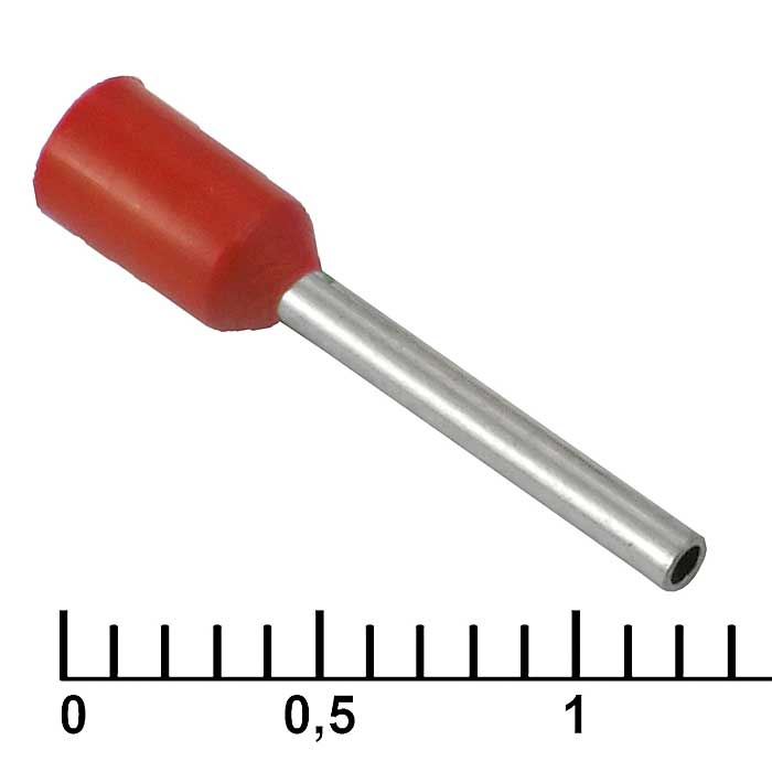 Наконечник на кабель втулочный (трубчатый) изолированный RUICHI DN00510, 20 AWG, 0,5 мм2, длина 14 мм, контакт луженая медь, изолятор винил/нейлон, цвет красный фото 1