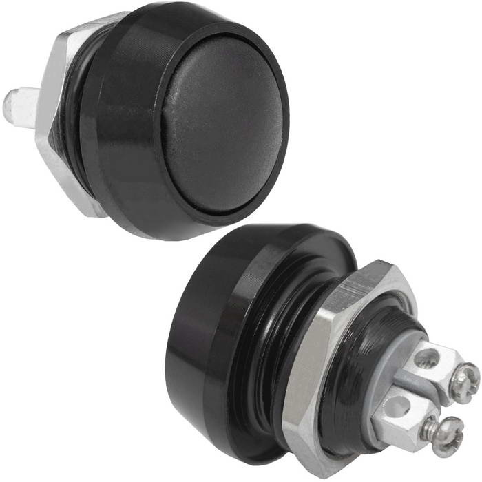 Кнопка антивандальная без подсветки RUICHI GQ12B-10/B/B/N, 1NO, ОFF-(ON) без фиксации, пос. диаметр 12 мм, контакты 2S, 2 А, 50 мОм, -20...+55 °C, корпус пластиковый черный, кнопка черная фото 1