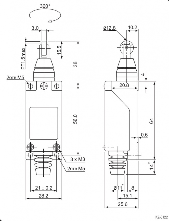 Выключатель путевой с вертикальным нажимным роликом RUICHI KZ-8122, NO-NC (4P), IP64, 5 А, 250 В, 15 мОм, корпус из сплава алюминия и цинка, головка пластмассовая, ролик из нерж. стали фото 2