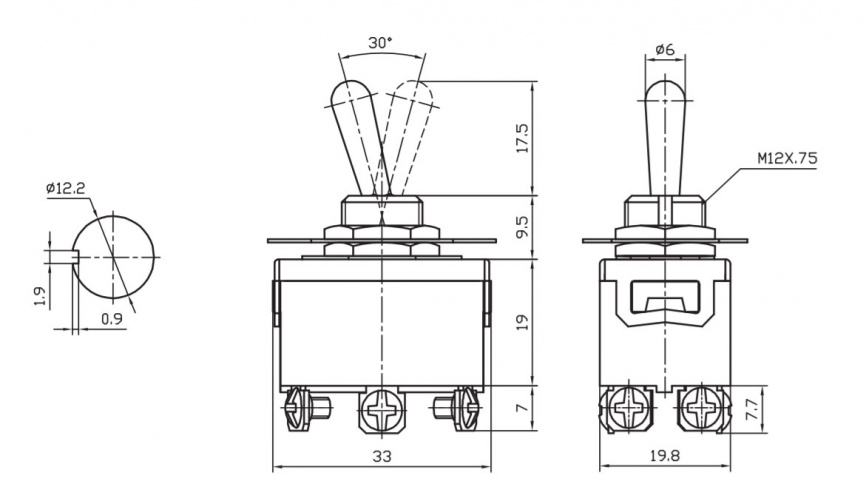Тумблер трехпозиционный двухполюсный RUICHI KN3(C)-203, 53х19.8х33 мм, ON-OFF-ON, DPDT C/O, 6 А, 250 В, 50 мОм, 6 контактов, под винт фото 2