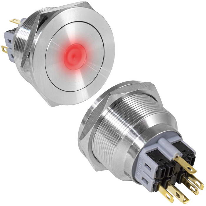 Кнопка антивандальная RUICHI GQ28PF-11ZD/R/N, ON-OFF+OFF-ON, рабочая температура -25…+55 °C, никелированная латунь фото 1