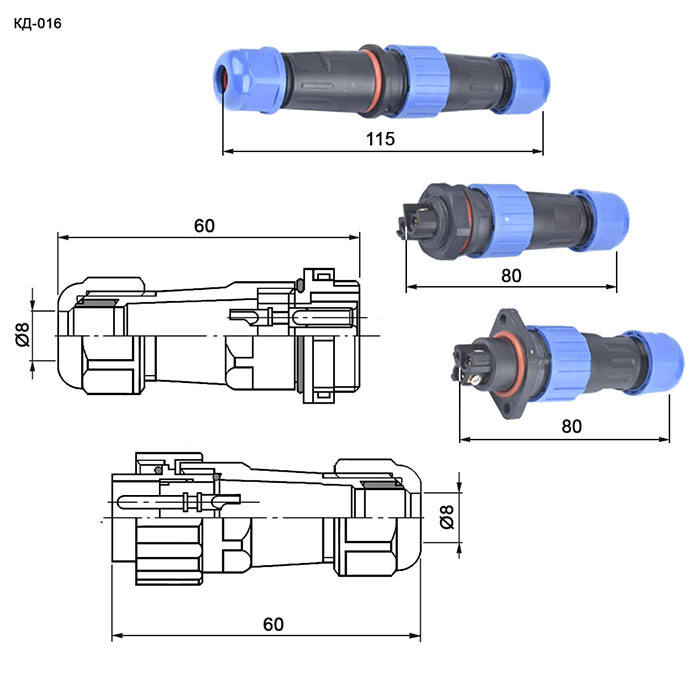 Герметичный разъем RUICHI SP16-4P, резьба М16, 2 контакта, диаметр входящего кабеля 8 мм,  монтаж под винт, IP68, 5 А, 250 В, корпус PA66 UL94V-0, черный фото 2