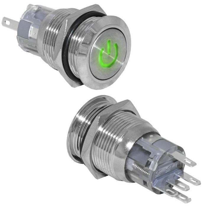 Кнопка антивандальная RUICHI LAS1-AGQ-11DT/G/N, ON-(ON), рабочая температура -25…+55 °C, никелированная латунь фото 1