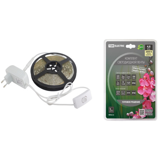 Комплект ленты светодиодной TDM (SQ0331-0229) 5м, 60 LED, 4,8 Вт/м, 12 В, 3000К, IP65 фото 1