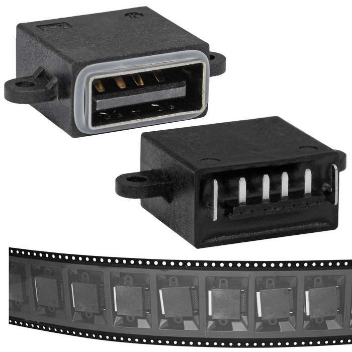 Разъём USBA-4F C IPX8-002, 4 контакта, 1.5 А, 30 В, корпус пластиковый черный с проушинами под крепление фото 1