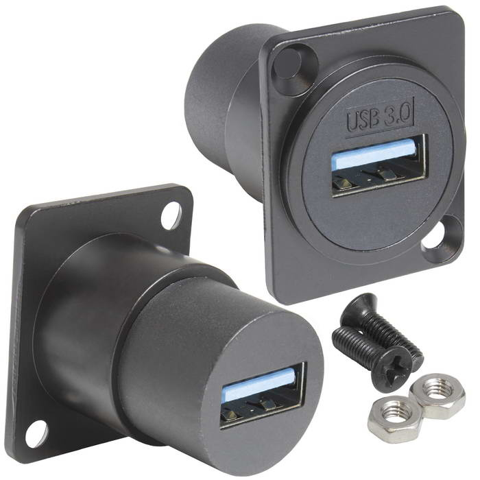 Панельный модуль (переходник) передачи данных USB RUICHI USB 3.0 A(F)-A(F) PS, прямой порт USB, 5В, 0.5 А, крепление винты/саморезы, корпус из цинка, цвет черный фото 1