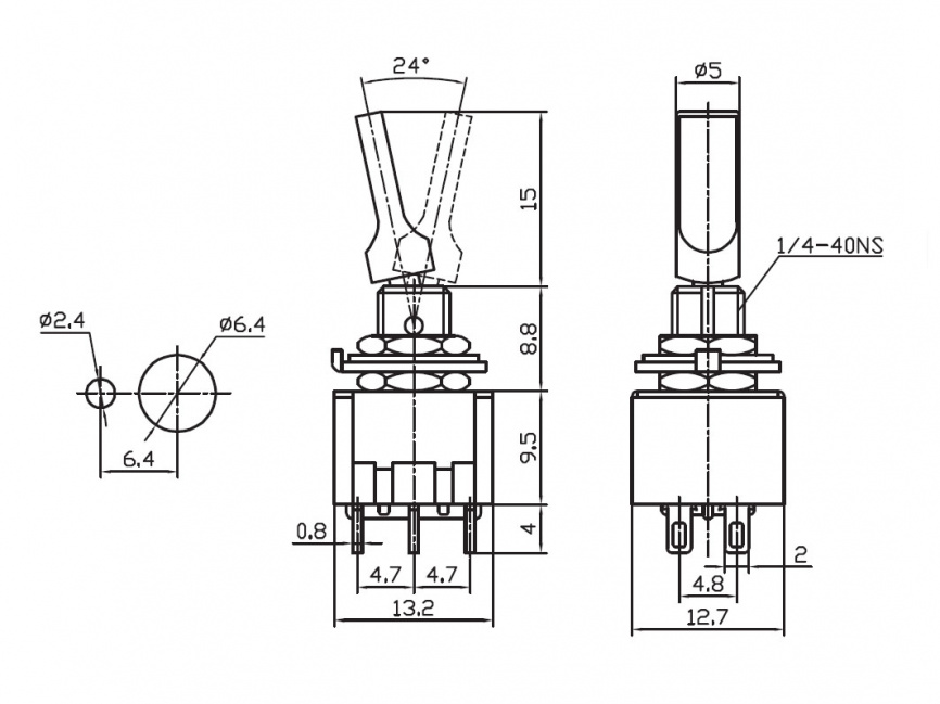 Микротумблер RUICHI MTS-203-E1, ON-OFF-ON, DPDT, 3 А, 250 В, 20 мОм, установочное отверстие 6,4 мм, 6 контактов красный колпачок фото 2