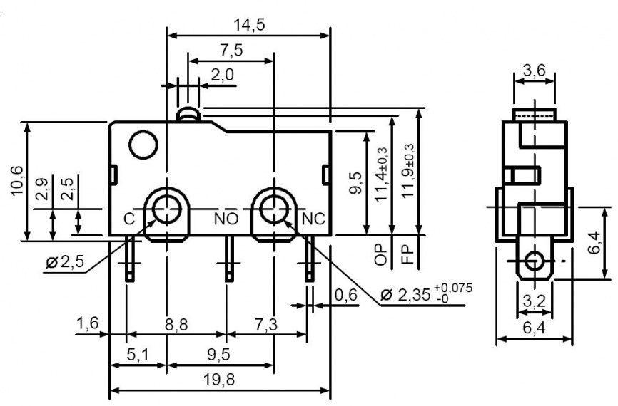 Микропереключатель RUICHI SM5-00N-115, ON-(ON) SPDT 3P, 3 А, 250 В фото 2