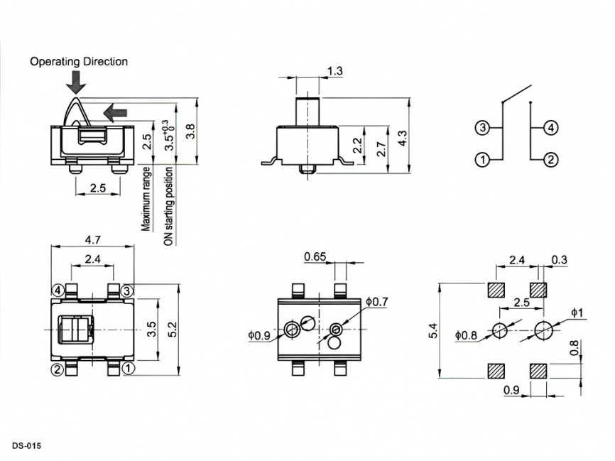 Микропереключатель RUICHI DS-015, 0.1 А, 30 В, 100 мОм, 50000 циклов, -40..+70°C фото 2