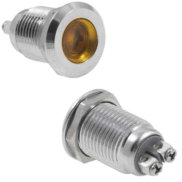Индикатор антивандальный RUICHI GQ12D-Y, желтый, M12, IP65, никелированная латунь фото 1