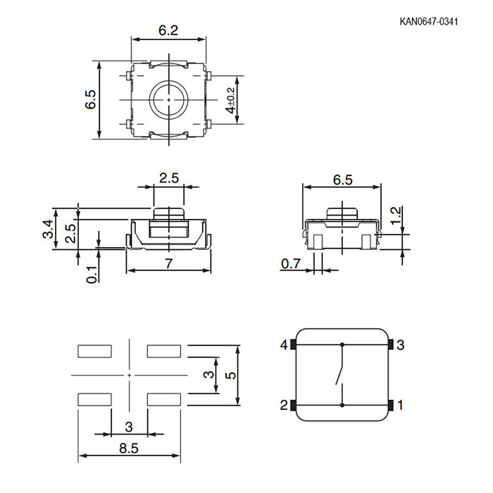 Тактовая кнопка RUICHI KAN0647-0341W, 6.5x6.2x2.5 мм фото 2
