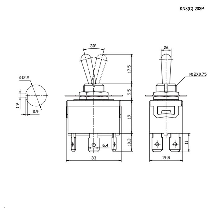 Тумблер трехпозиционный двухполюсный RUICHI KN3(C)-203P, 56.3х19.8х33 мм, ON-OFF-ON, DPDT C/O, 3 А, 250 В, 50 мОм, 6 контактов, под винт фото 2