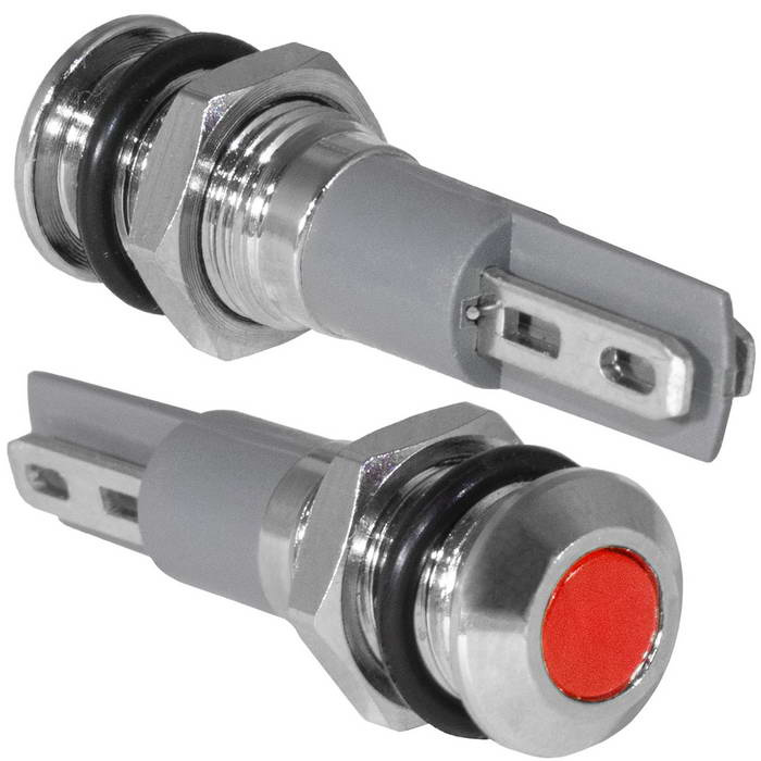 Индикатор антивандальный RUICHI GQ8PF-F, точечный излучатель, 12-24 В, 15 мА, гибкие выводы, никелированная латунь фото 1