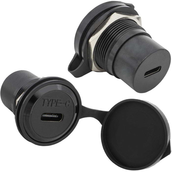 Панельный модуль (переходник) передачи данных USB Type C RUICHI TYPE-C F-F PN, прямой порт USB, 5В, 0.5 А, с закрывающемся колпачком, крепление гайка с резьбой, корпус из цинка, цвет черный фото 1