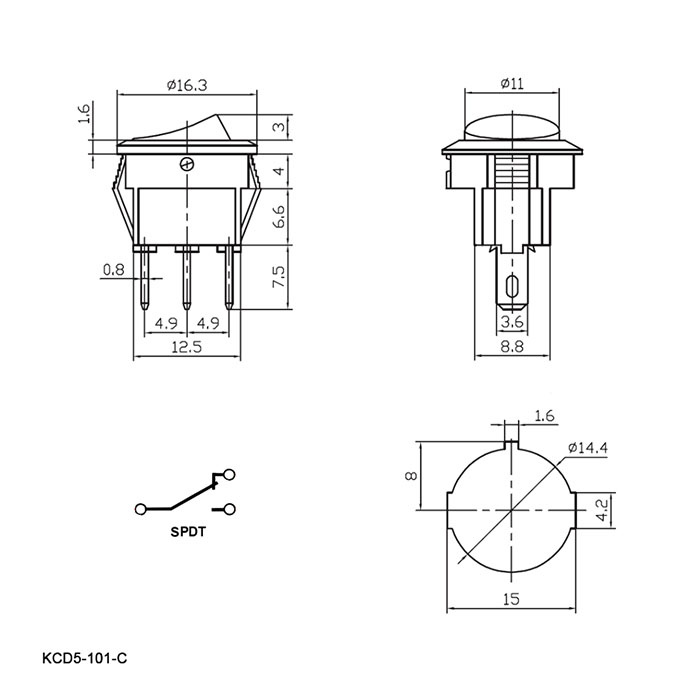 Клавишный переключатель RUICHI KCD5-101-C6-W/3P, ON-OFF, 3 контакта, белый фото 2