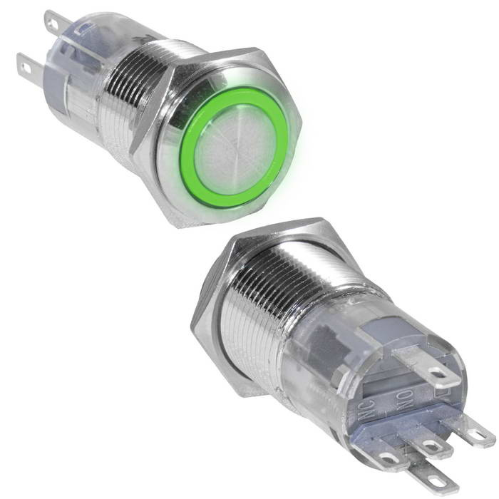 Кнопка антивандальная RUICHI LAS2GQF-11ZE/G/N, ON-ON, рабочая температура -25…+55 °C,   никелированная латунь фото 1