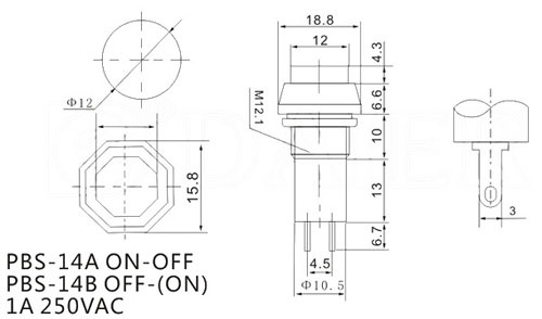 Кнопочный переключатель RUICHI PBS-14A, ON-OFF, красный фото 2