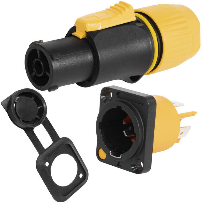 Разъем питания с фиксатором RUICHI NAC3FX-W-R, 3 контакта, 16 А, 250 В, 3 мОм, на панель, крепление корпуса винтовое, корпус PA66, черный/желтый фото 1