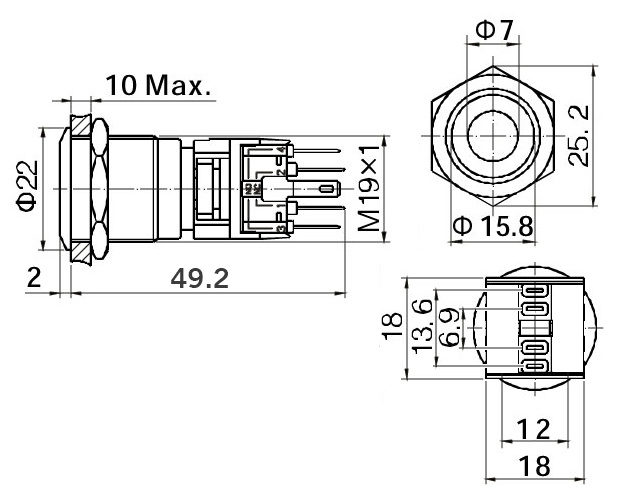 Кнопка антивандальная с подсветкой RUICHI LAS1-BGQ-11D/Y on-(off)+off-(on), М19, IP67, никелированная латунь фото 2
