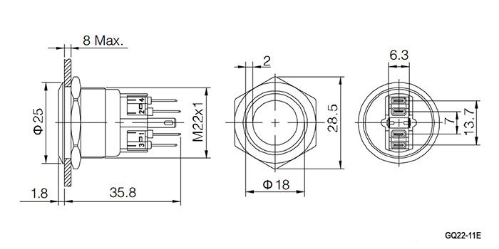 Кнопка антивандальная RUICHI GQ22-11E/W/N, ON-(OFF)+OFF-(ON), рабочая температура -25…+55 °C, никелированная латунь фото 2