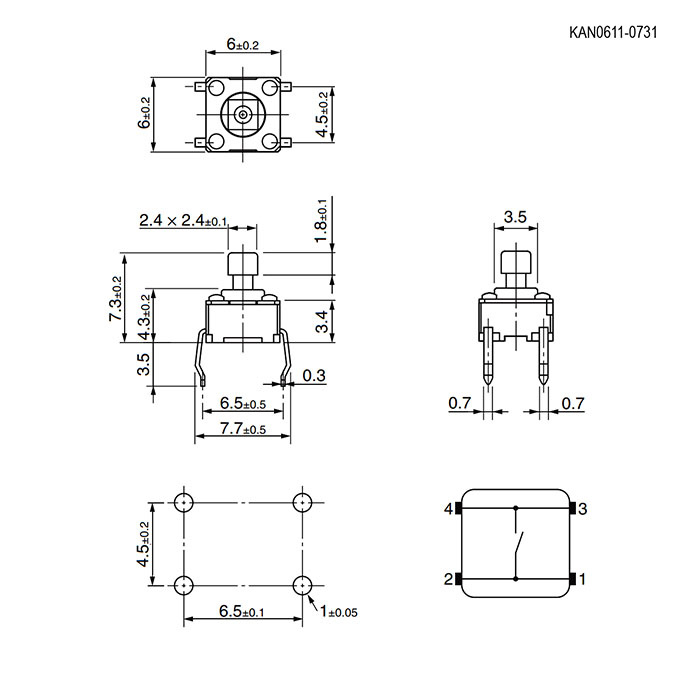 Тактовая кнопка RUICHI KAN0611-0731Y, 6x6x7.3 мм фото 2
