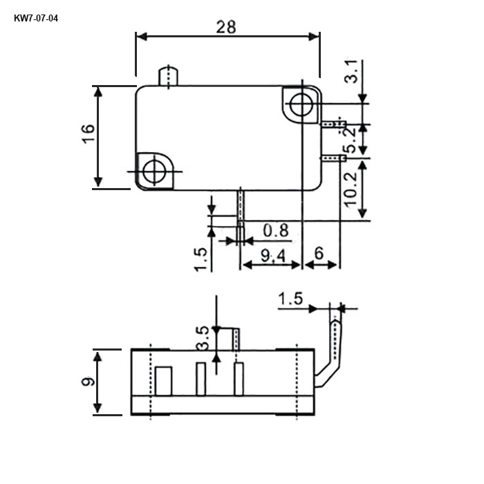 Микропереключатель RUICHI KW7-07-04, 15.9х10.3х27.8 мм, ON-(ON), SPDT 3P, 250 В, 5 А, 30 мОм, -25...+85 °C фото 2