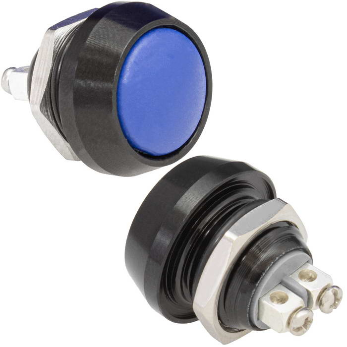 Кнопка антивандальная без подсветки RUICHI GQ12B-10/B/Bl/N, 1NO, ОFF-(ON) без фиксации, пос. диаметр 12 мм, контакты 2S, 2 А, 50 мОм, -20...+55 °C, корпус пластиковый черный, кнопка синяя фото 1