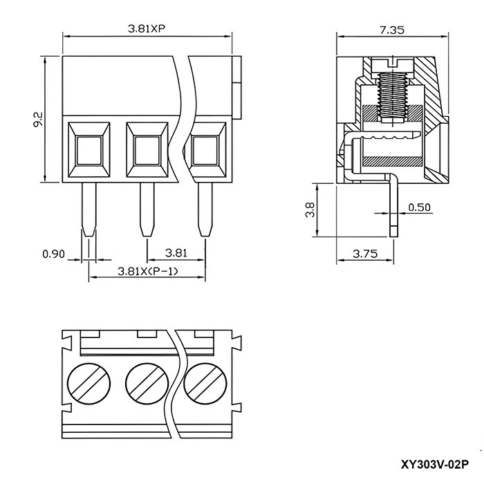 Винтовой клеммный блок RUICHI XY303V-02P на 2 клеммы M2.0, шаг 3.81 мм, лифт, 10 А, 26 - 16 AWG фото 2