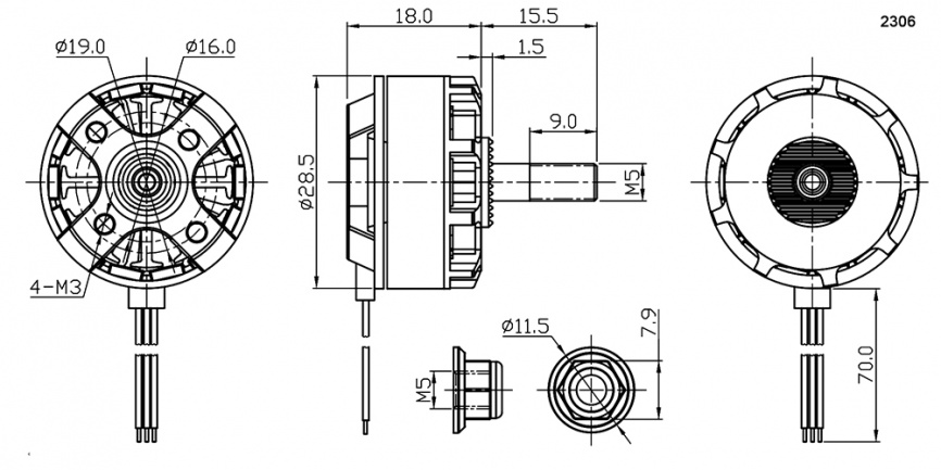 Электродвигатель бесщеточный RUICHI 2306 2700-RH, 2700 kV, диаметр вала с резьбой M5,  гайка с прессшайбой, аккумулятор LiPo 2-4S, левое  направление резьбы, цвет  черный/красный фото 2