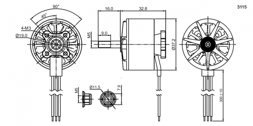 Электродвигатель бесщеточный RUICHI 3115 1200-RH, 1200 kV, диаметр вала с резьбой M5, гайка с прессшайбой, аккумулятор LiPo 4-6S, цвет черный/серебряный фото 2