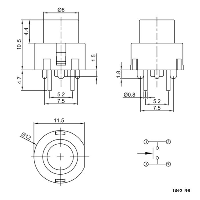 Миниатюрная кнопка без фиксации RUICHI TS4-2GN-0, 4 контакта, корпус зеленый круглый, кнопка зеленая цилиндрическая фото 2