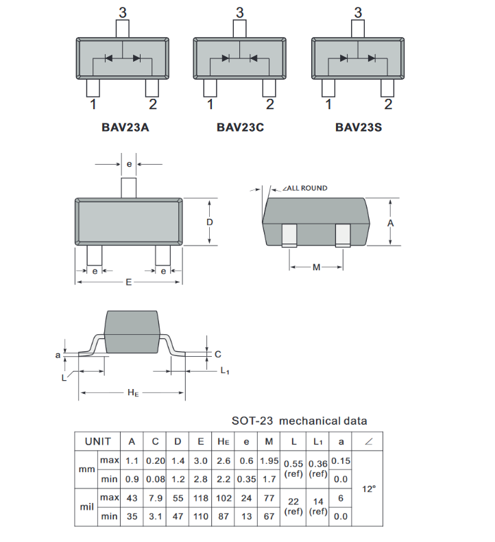 BAV23C Jingdao высокочастотный переключающий диод (2 диода, общий катод), 250 В, 0.2 А,     50 нс, SOT-23 фото 2