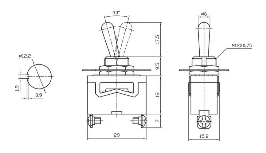 Тумблер двухпозиционный однополюсный RUICHI KN3(C)-101, 53х15.8х29 мм, ON-OFF, SPST, 6 А, 250 В, 50 мОм, 2 контакта, под винт фото 2