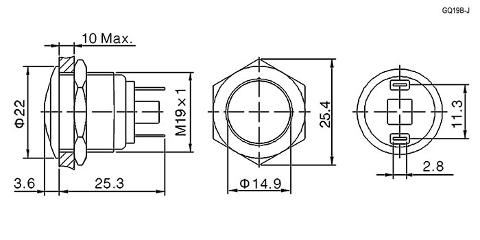 Кнопка антивандальная RUICHI GQ19B-10/J/N, OFF-(ON), рабочая температура -25…+55 °C, никелированная латунь фото 2