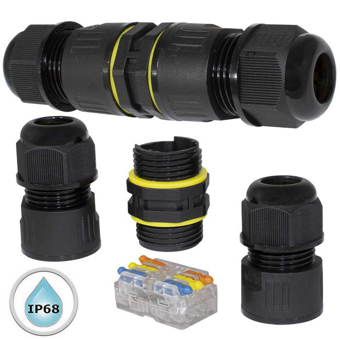 Герметичный разъем RUICHI SP28-3P, резьба М25, 3 контакта, диаметр входящего кабеля 14 мм, пружинно-зажимной монтаж, IP68, 25 А, 250 В, корпус PA66 UL94-V2, черный фото 1