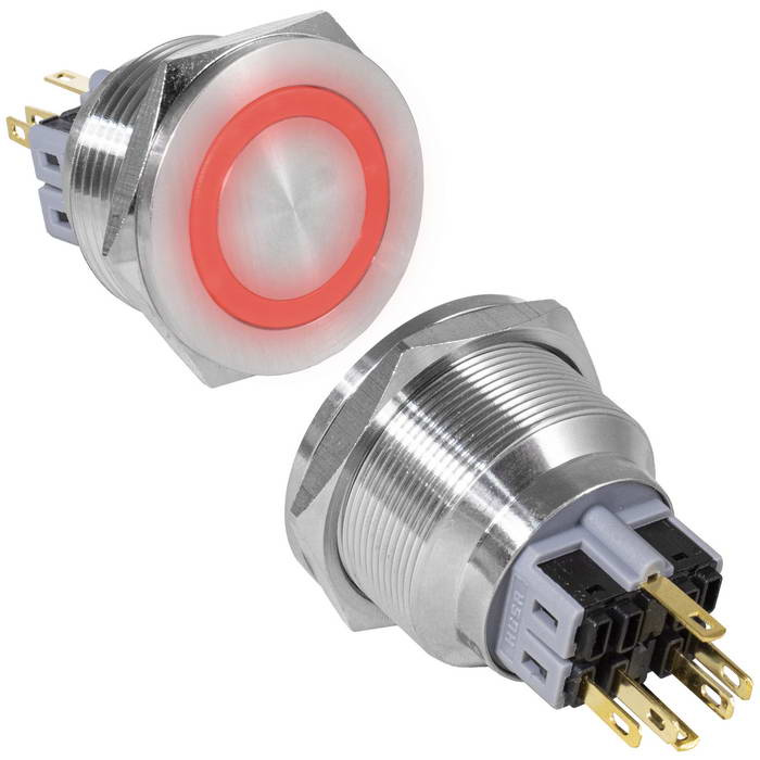 Кнопка антивандальная RUICHI GQ28PF-11E/R/N, ON-(OFF)+OFF-(ON), рабочая температура -25…+55 °C, никелированная латунь фото 1