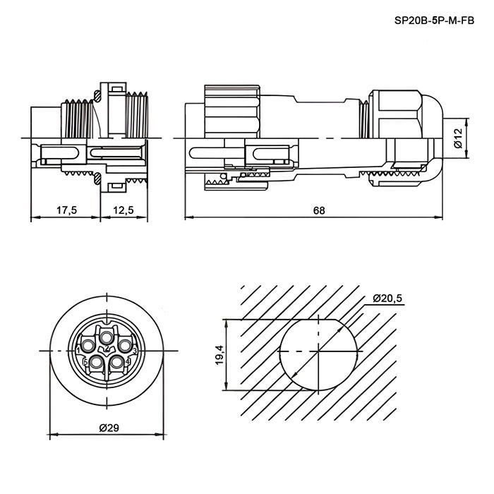 Герметичный разъем (комплект) с заглушкой RUICHI SP20B-2P-M-FB, вилка-розетка, 5  контакта, сечение кабеля на 1 контакт 2 мм, IP68, 10 А, 250 В, корпус PA66 UL94V-0 фото 2