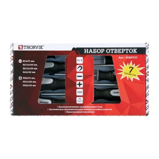 Набор отверток шлиц/крест с двухкомп. ручкой, магнитные 7 пред. Thorvik SDS07CO Торвик фото 1