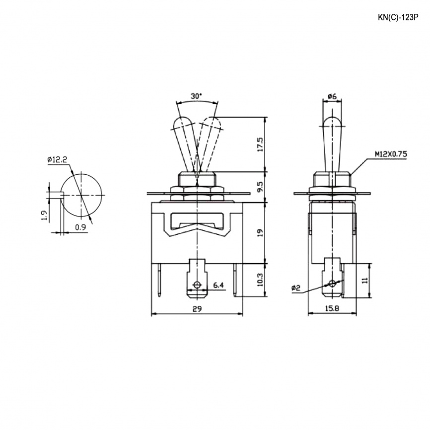 Тумблер трехпозиционный однополюсный без фиксации RUICHI KN3(C)-123P , 56.3х15.8х29 мм, (ON)-OFF-(ON), SPDT, 6 А, 250 В, 50 мОм, 3 контакта, под винт фото 2