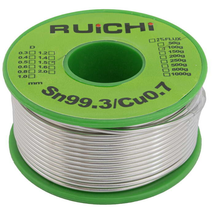 Припой оловянно-медный RUICHI, Sn 99.3%/Cu 0.7%, бессвинцовый,  диаметр 1.5 мм, 100 г, с флюсом фото 1