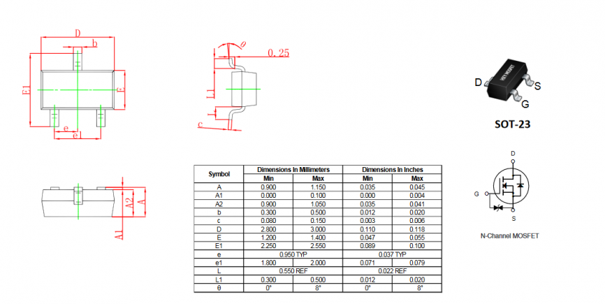 BSS131 HXY полевой транзистор (MOSFET), N-канал, 240 В, 0.22А, 20 Ом, 0.22 нКл, SOT-23 фото 2