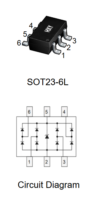 IP4220CZ6 HXY защитная диодная сборка 5 В, 4 А, 55 Вт, SOT23-6L фото 2
