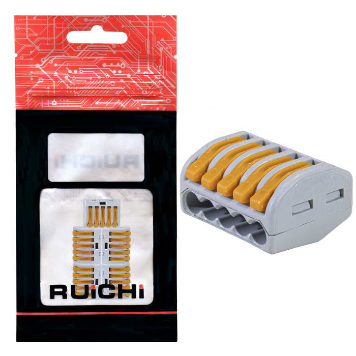 Клемма зажимная соединительная 5-контактная RUICHI 222-415, 24 А, 250 В, PA66, упаковка 5 шт. фото 1