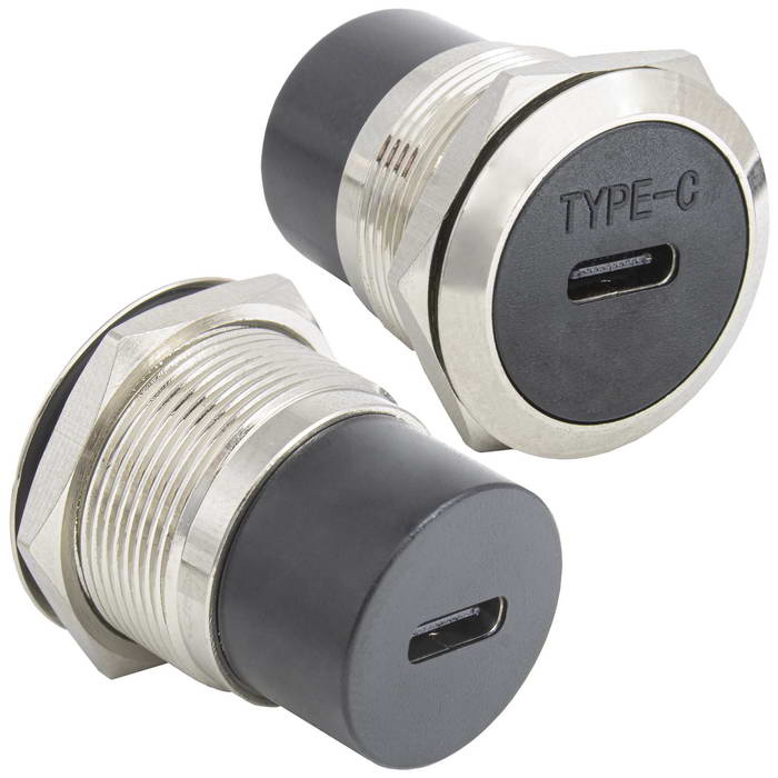 Панельный модуль (переходник) передачи данных USB Type C RUICHI TYPE-C F-F PN, прямой порт USB, 5В, 0.5 А, крепление гайка с резьбой, корпус из цинка, цвет металлический фото 1