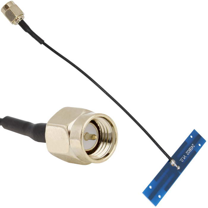 Внутренняя малогабаритная Wi-Fi-антенна RUICHI PCB P5409064 2.4G с разъёмом SMA-M, RG1.13, длина кабеля 100 мм, клеевой монтаж, 27x8 мм, 3 дБи усиление, 2400-2500 МГц, голубая фото 1