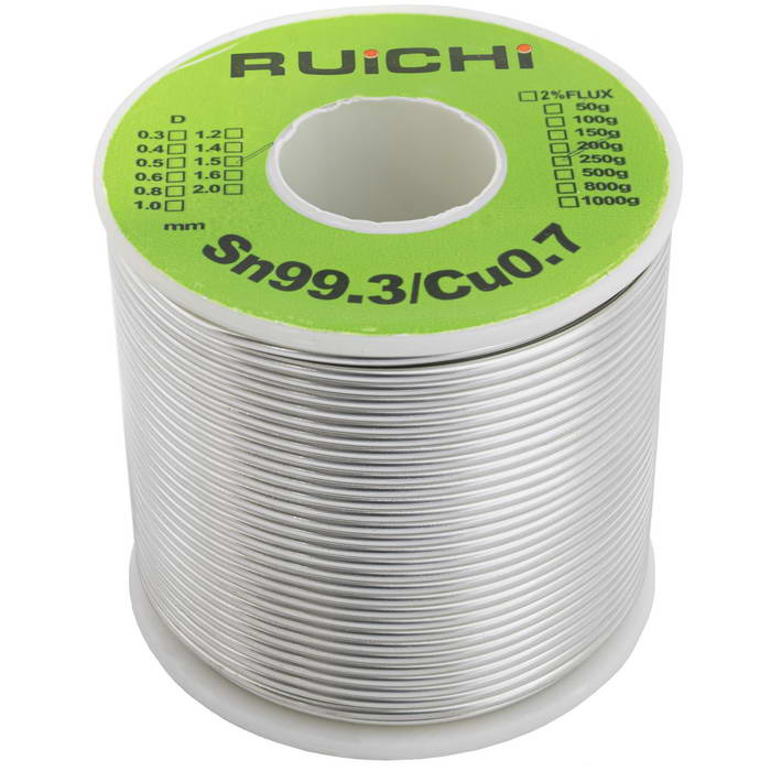 Припой оловянно-медный RUICHI, Sn 99.3%/Cu 0.7%, бессвинцовый,  диаметр 1.5 мм, 250 г, с флюсом фото 1