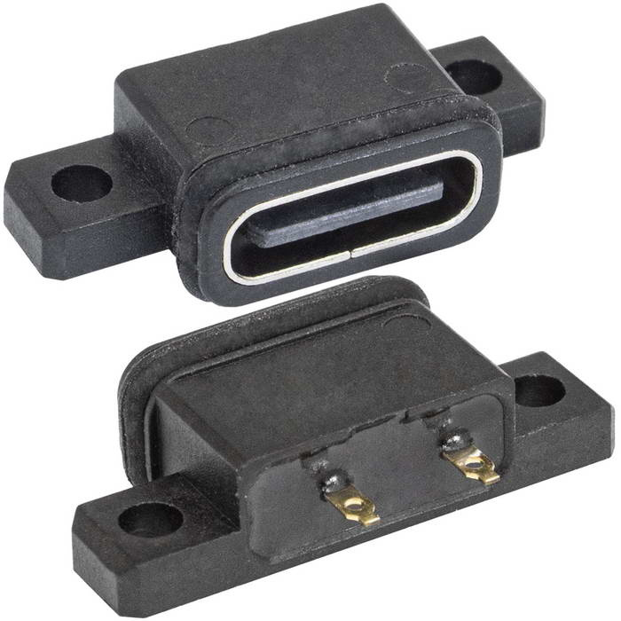 Разъём USB3.1-TYPE-C 24PF C IPX8-001, 2 контакта, 5 А, 20 В, 40 мОм, корпус пластиковый черный с проушинами под крепление фото 1