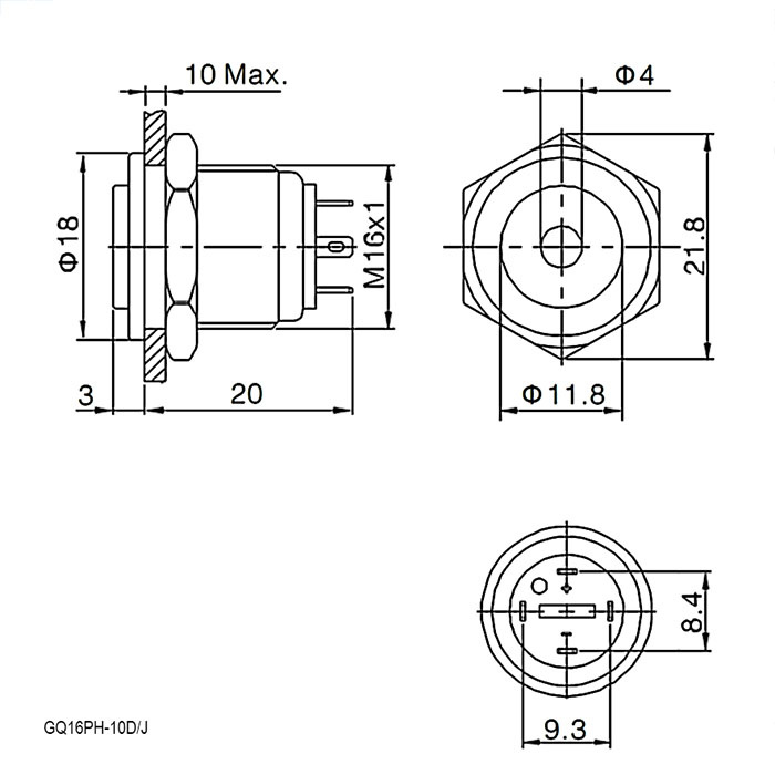 Кнопка антивандальная RUICHI GQ16PH-10D/J/G/N, OFF-(ON), рабочая температура -25…+55 °C, никелированная латунь фото 2