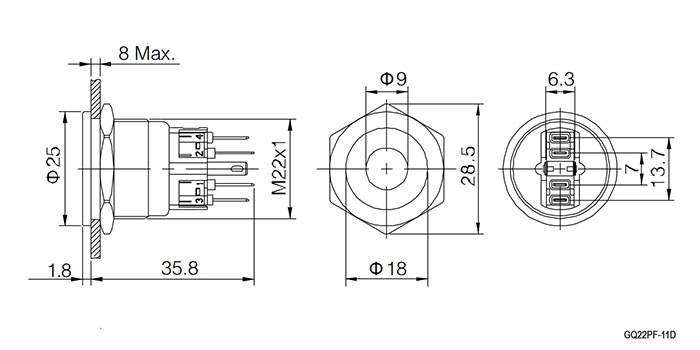 Кнопка антивандальная RUICHI GQ22PF-11D/G/N, ON-(OFF)+OFF-(ON), рабочая температура -25…+55 °C, никелированная латунь фото 2